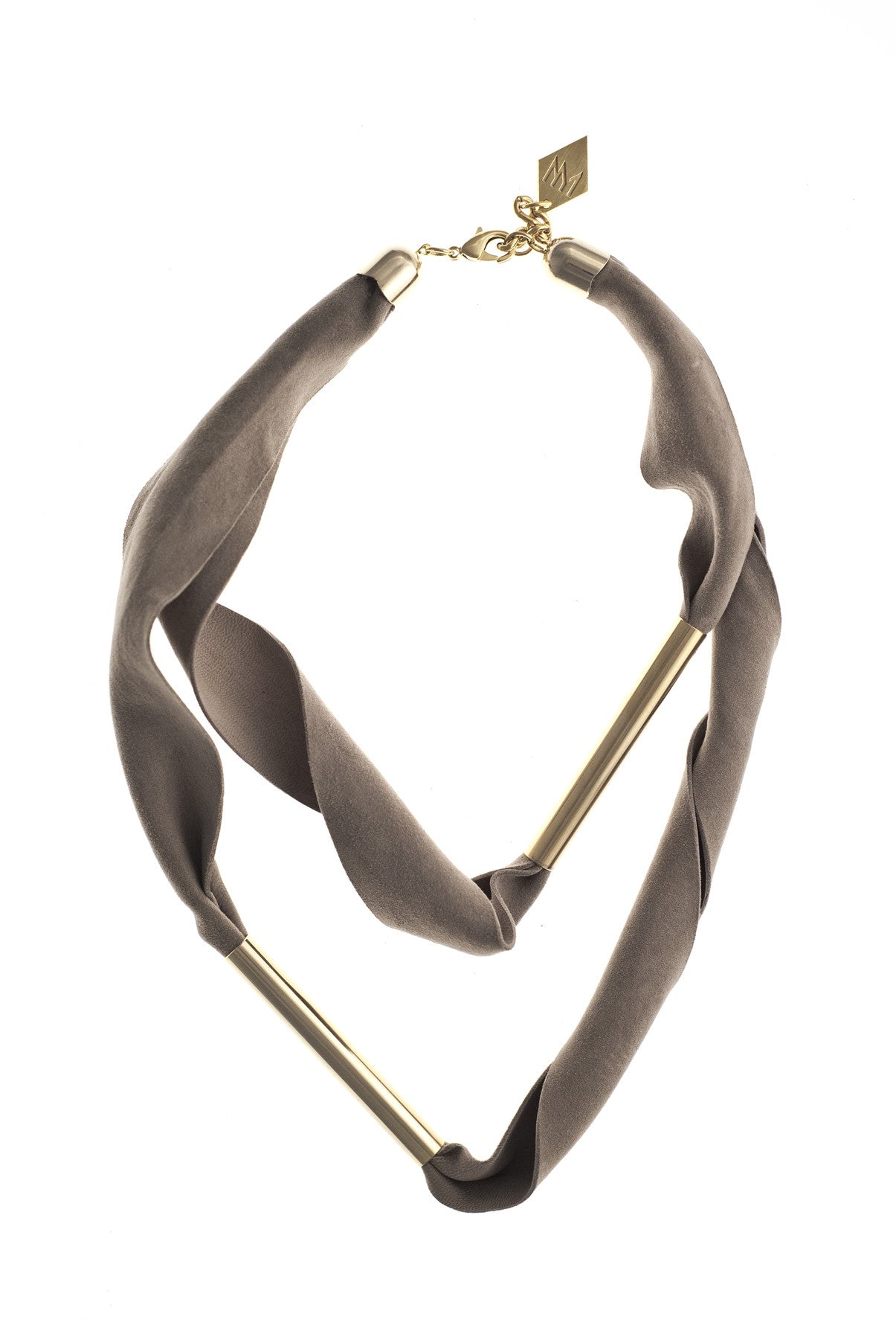 Embrassme necklace made of finest sheep napa, hand-cut, hand polished and galvanized brass and metal components. Beige-gold edition.