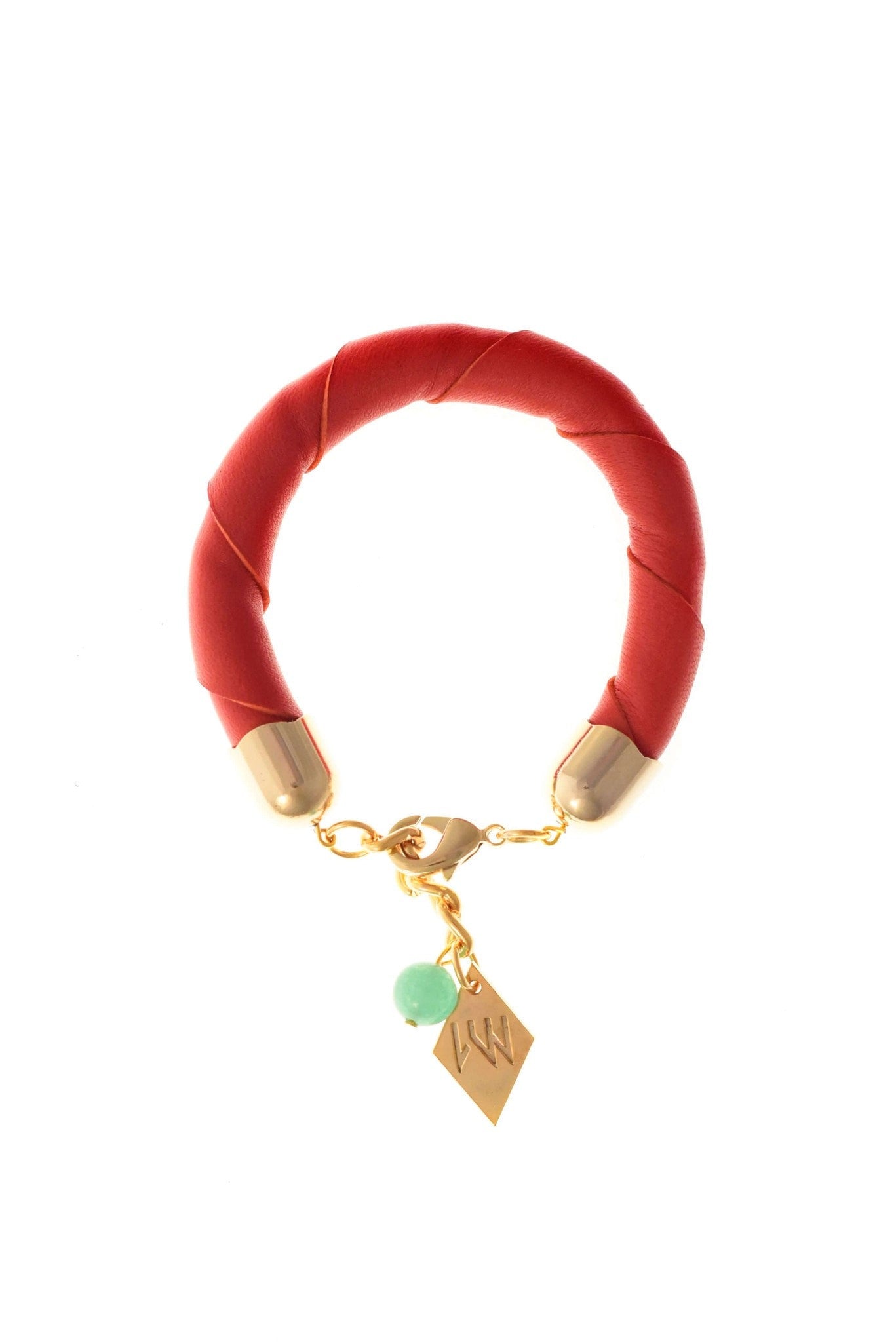 The no. 19 edition of the handcuff bracelet is made of red leather with galvanized metal components with aventurine.