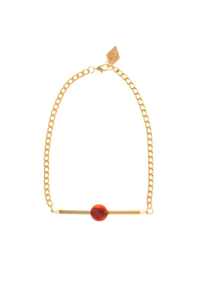 Gold edition red coral: made of hand-cut and galvanized brass, red coral, rosequartz and galvanized metal components.