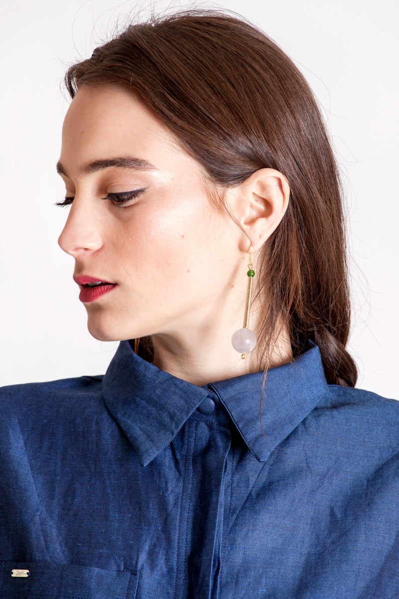Bellevue earrings made of hand-cut, hand polished and galvanized brass, amethyst, jade and gold plated sterling silver.