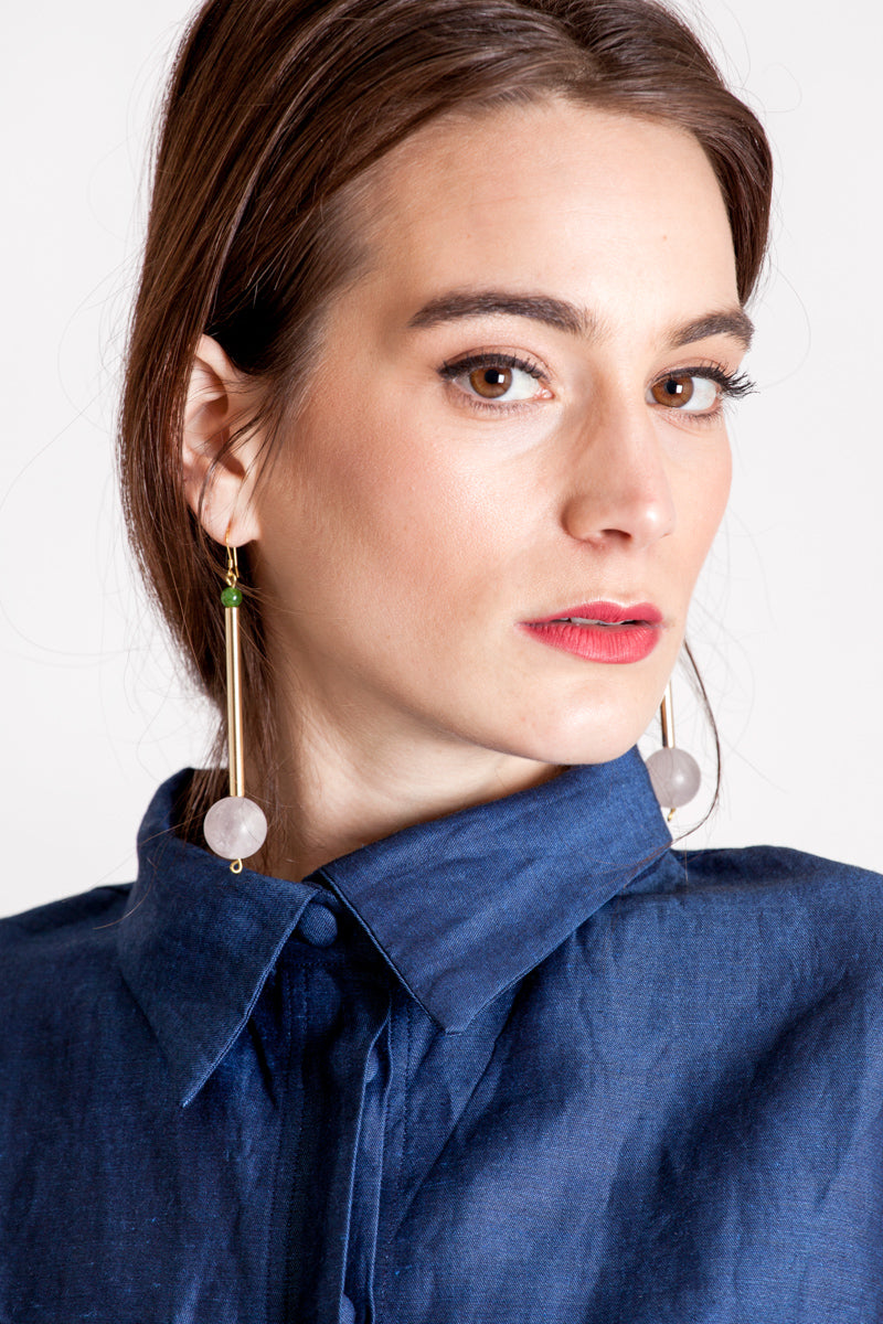 Bellevue earrings made of hand-cut, hand polished and galvanized brass, amethyst, jade and gold plated sterling silver.
