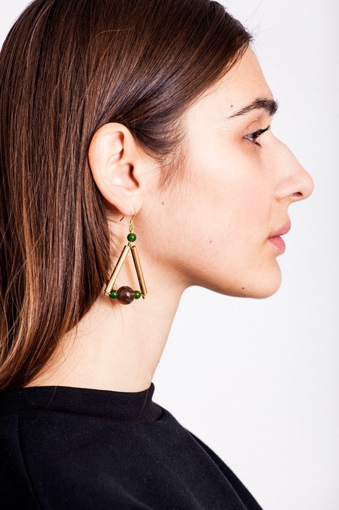Triangle earrings made of hand-cut, hand polished and galvanized brass, smokey quartz, jade and gold plated sterling silver.