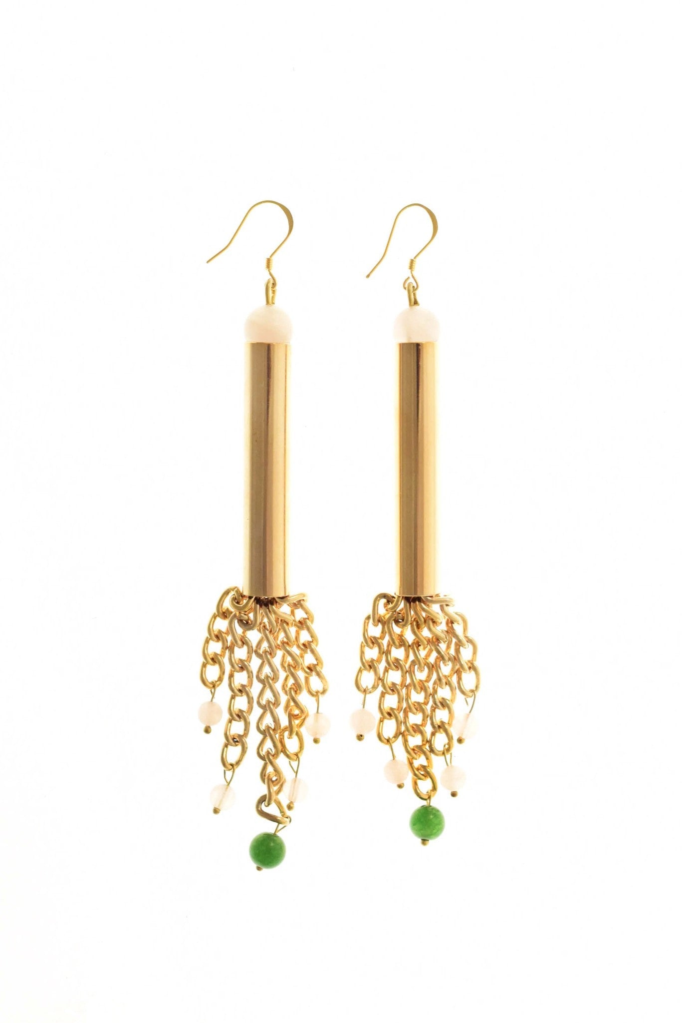 Waterfall earrings gold edition made of hand-cut, hand polished and galvanized brass, rose-quartz, jade and gold plated sterling silver.