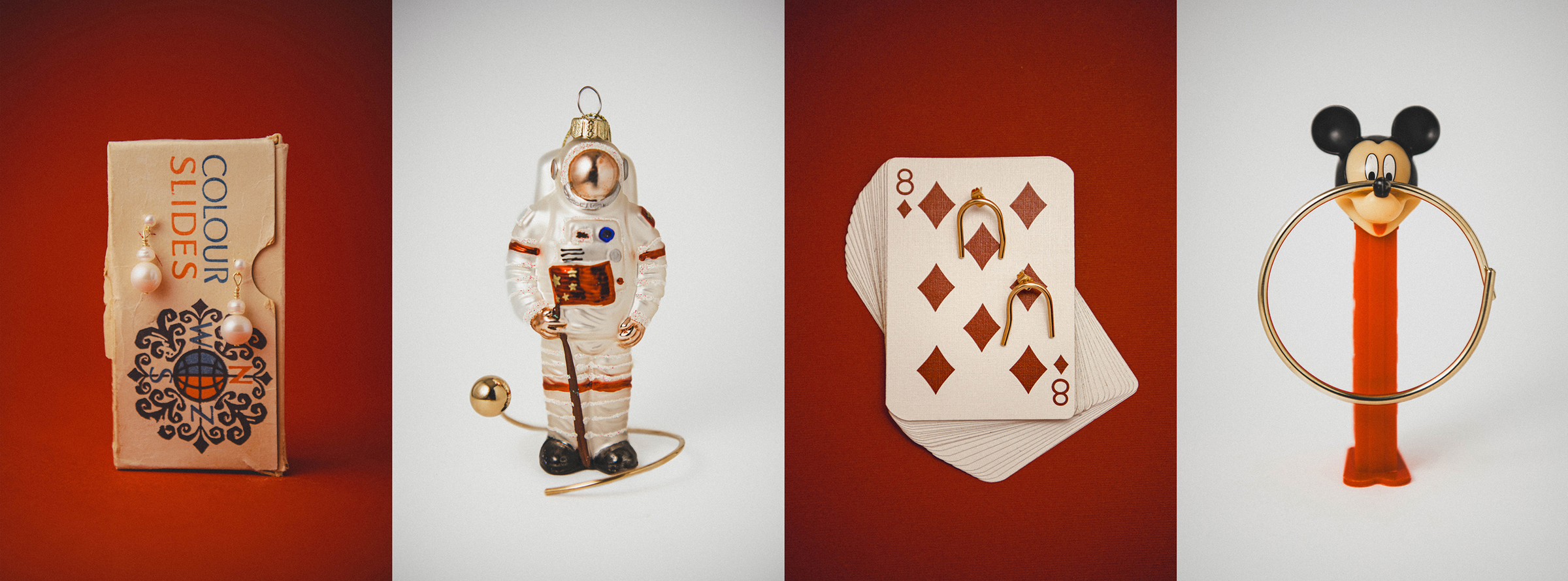 Little Wonder jewelry on Christmas ornaments, astronaut figurine, and nostalgic props. Holiday Gift Guide.