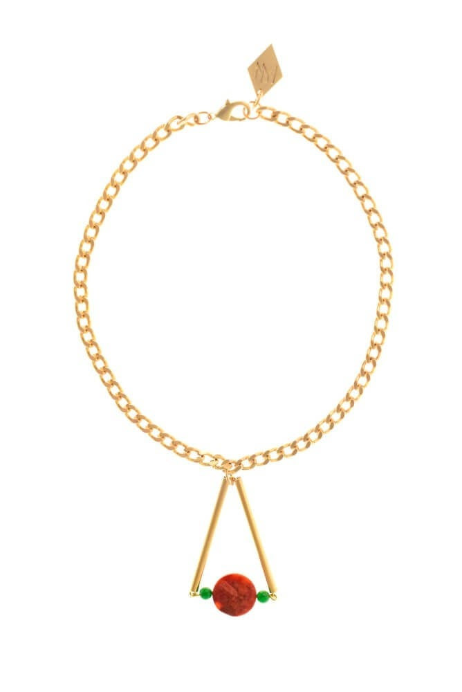 Red coral: Hand-cut, hand polished and galvanized brass, red coral, jade and galvanized metal components.