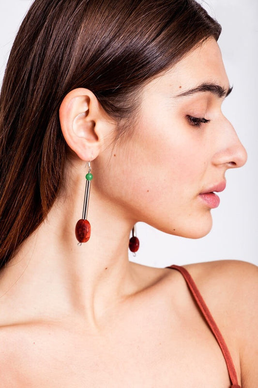 Button earrings silver edition made of hand-cut, hand polished and galvanized brass, aventurine and red coral.