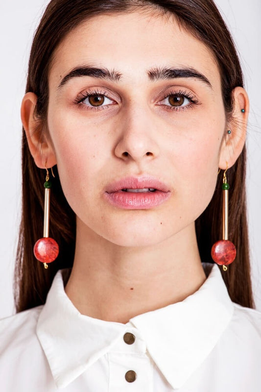 Button earrings gold edition made of hand-cut, hand polished and galvanized brass, jade and red coral.