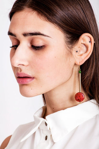 Button earrings gold edition made of hand-cut, hand polished and galvanized brass, jade and red coral.