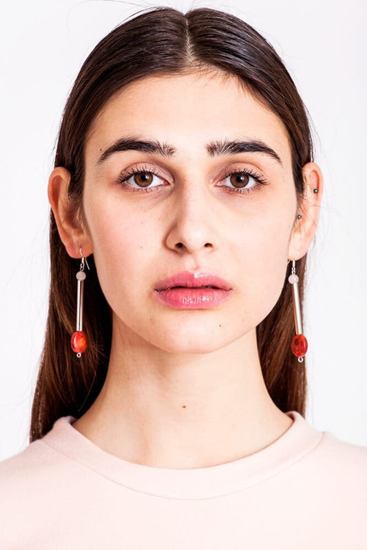 Button earrings silver edition made of hand polished and galvanized brass, rose quartz and red coral.