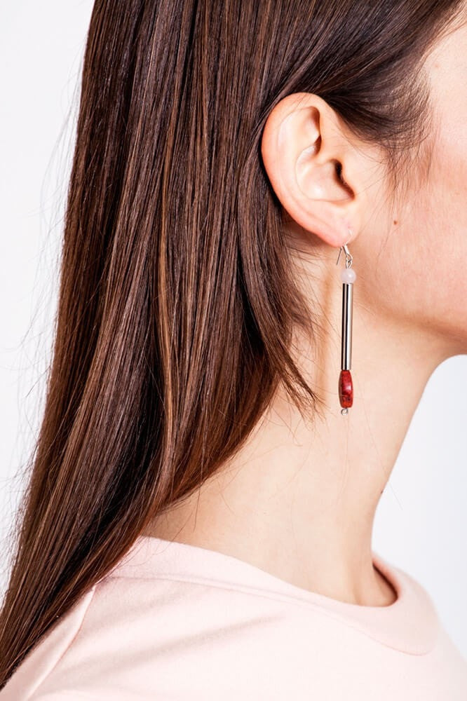 Button earrings silver edition made of hand polished and galvanized brass, rose quartz and red coral.