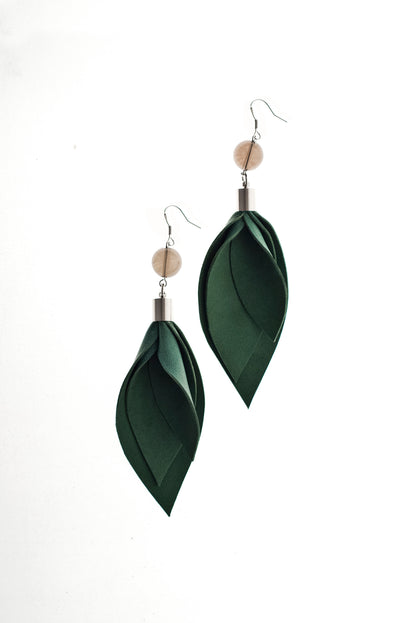 Leaf earrings made of hand-cut green leather, galvanized brass, smokey quartz and sterling silver.