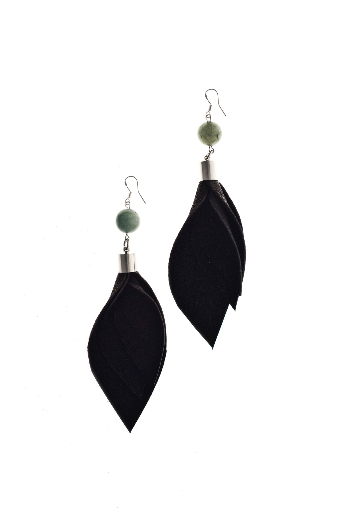 Leaf earrings made of hand-cut black leather, galvanized brass, rutilated quartz and sterling silver.