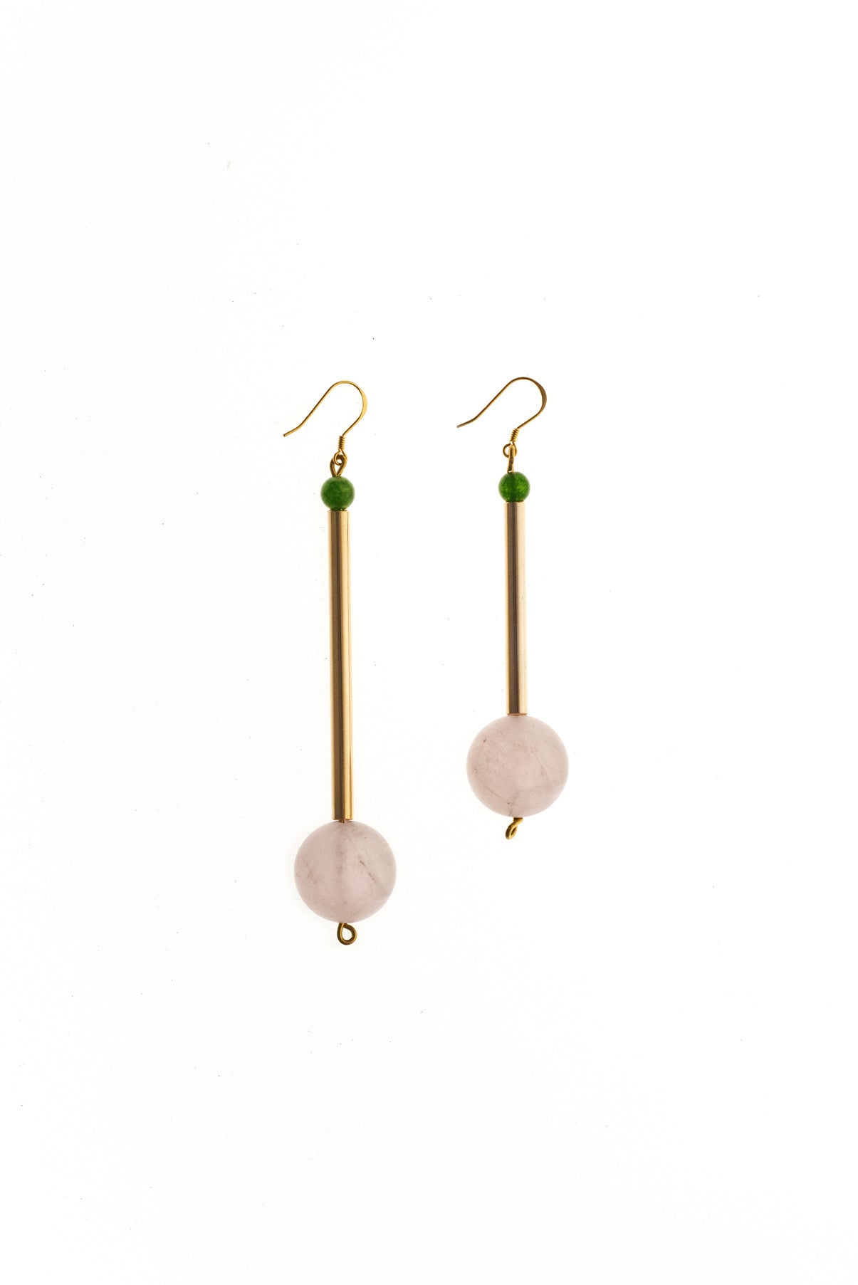 Bellevue earrings made of hand-cut, hand polished and galvanized brass, amethyst, jade and gold plated sterling silver.