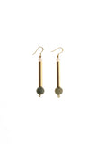 Bellevue earrings made of hand-cut, hand polished and galvanized brass, labradorite, rose quartz and gold plated sterling silver.