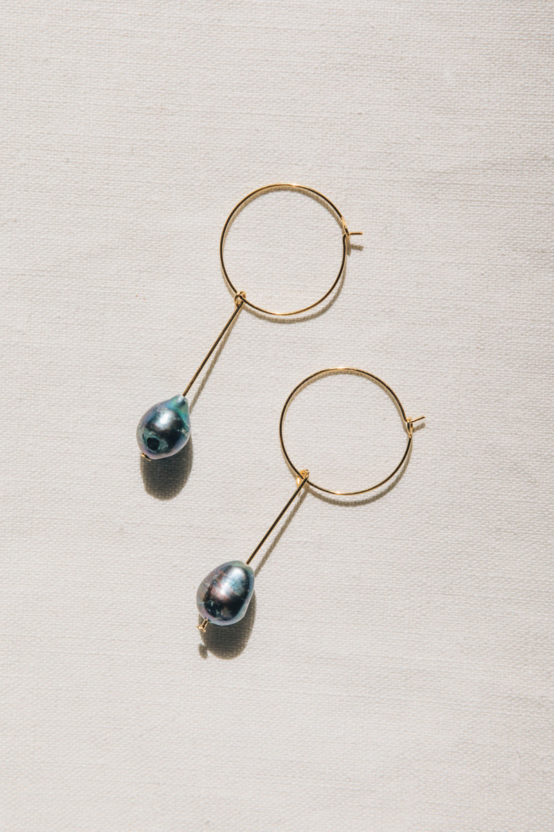 Dark Pearl Drop Earrings in Gold by sustainable designer brand Little Wonder