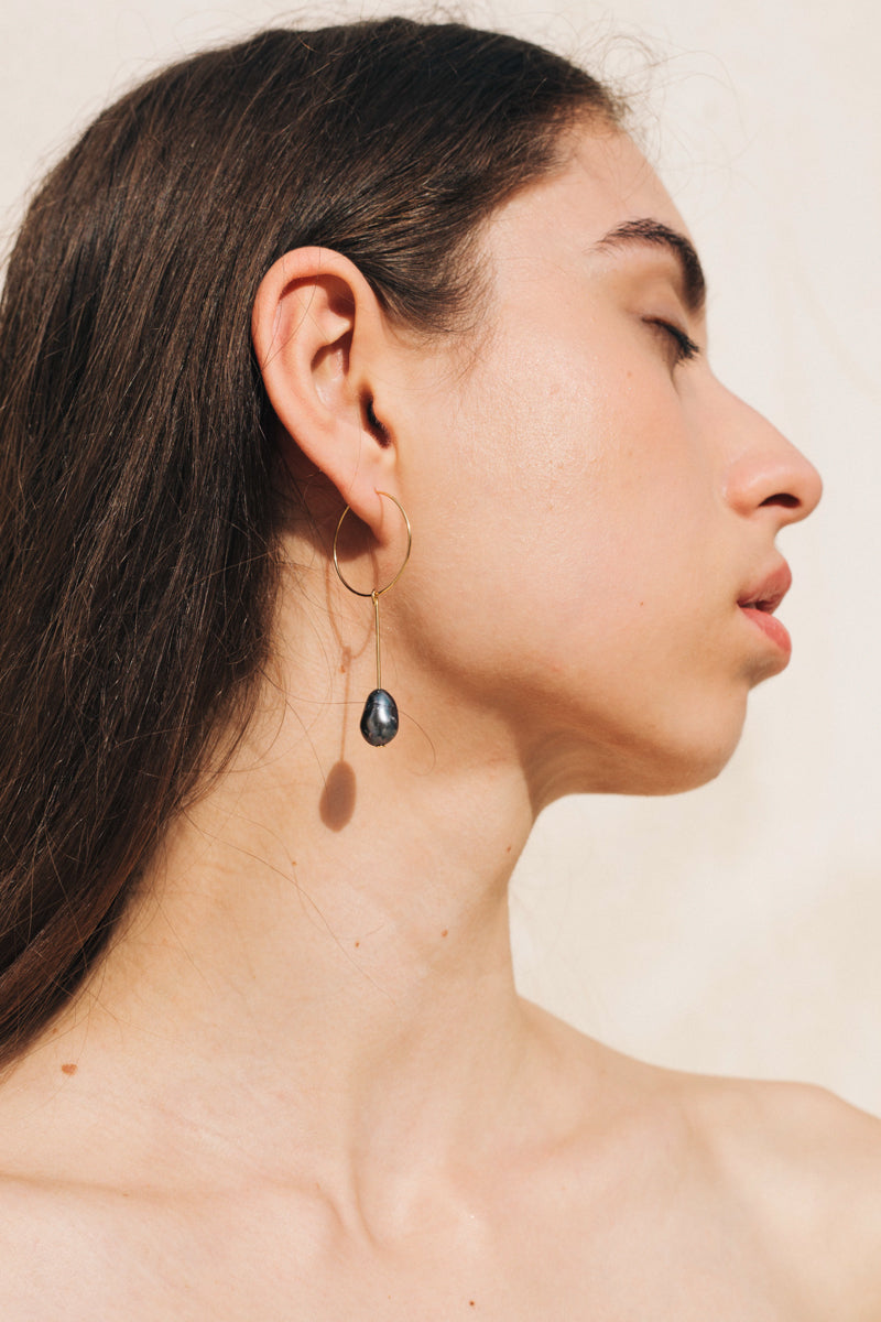 Dark Pearl Drop Earrings in Gold by sustainable designer brand Little Wonder