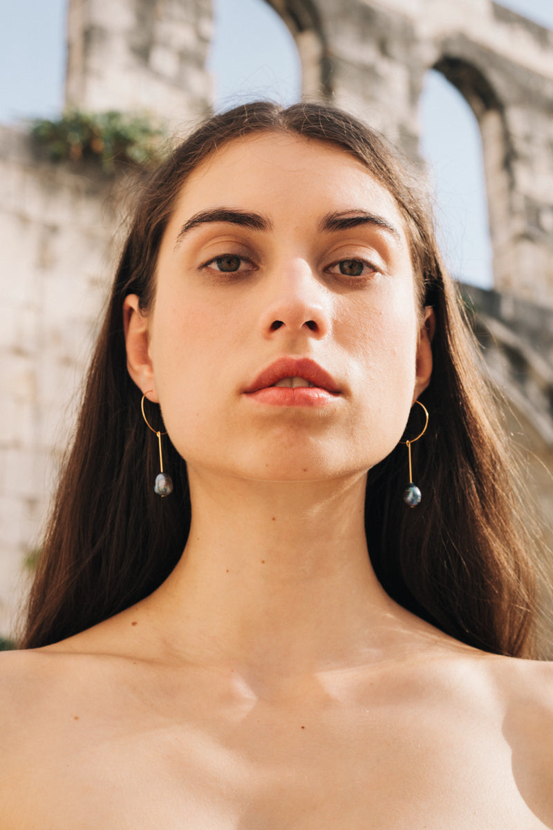 Dark Pearl Drop Earrings in Gold by sustainable designer brand Little Wonder