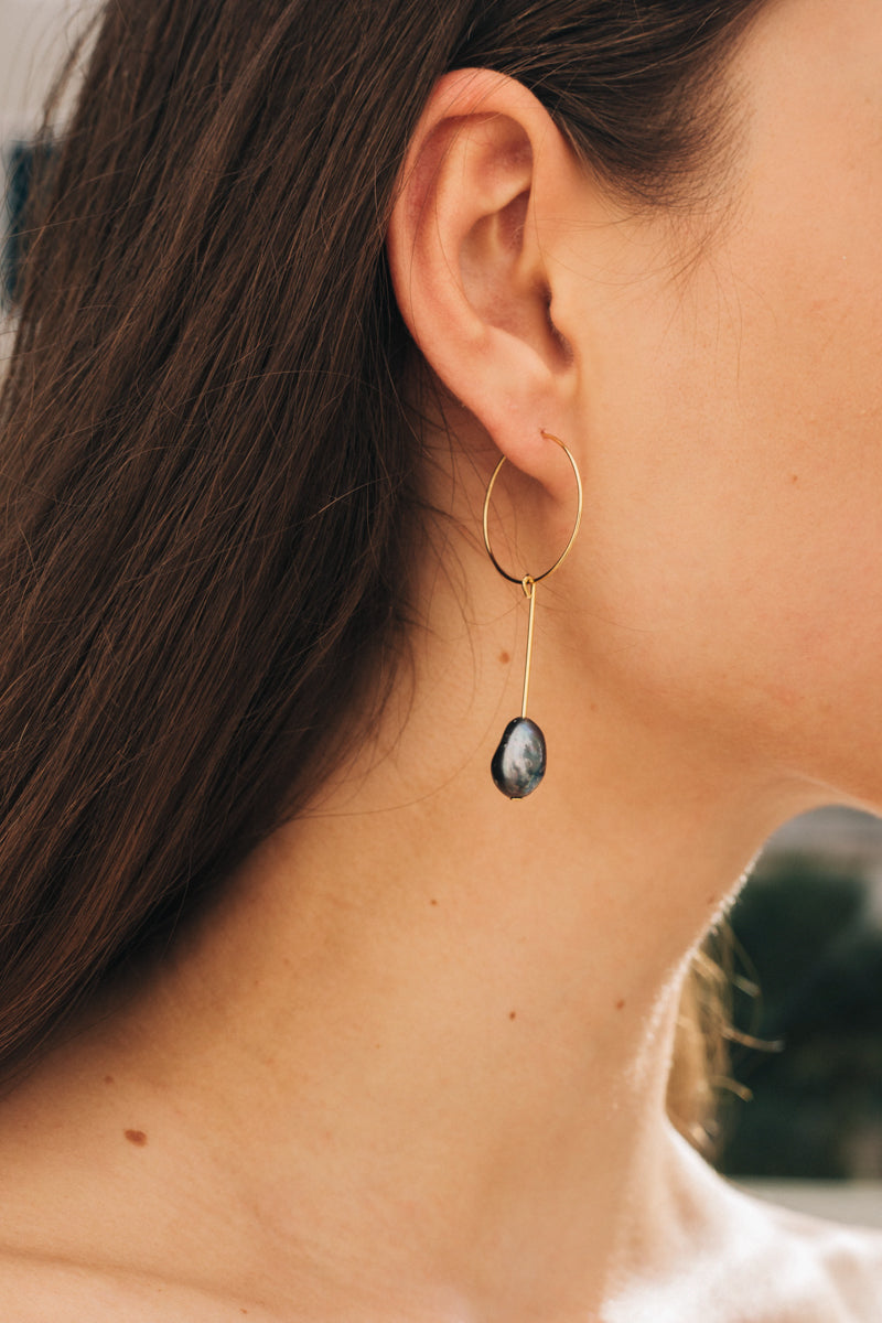 Dark Pearl Drop Earrings in Gold by sustainable designer brand Little Wonder