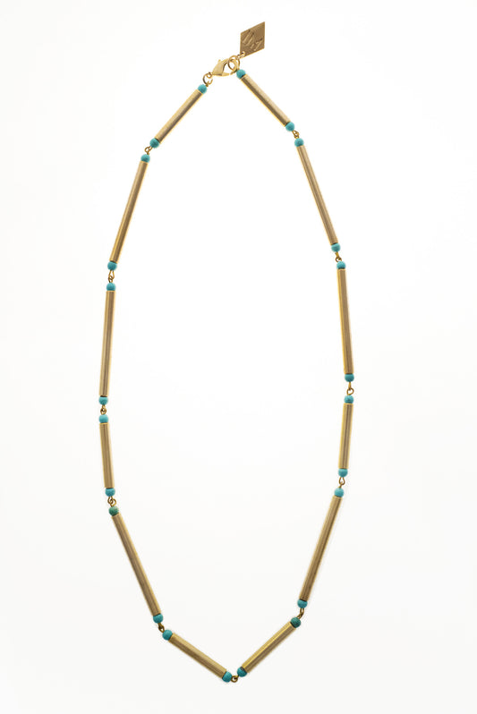 Hidden lines long necklace made of hand-cut, hand polished and galvanized brass featuring turquoise. 