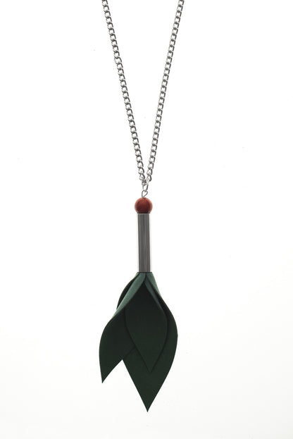 Tulip necklace made of hand-cut green leather, hand-cut and galvanized brass, coral and galvanized metal components.