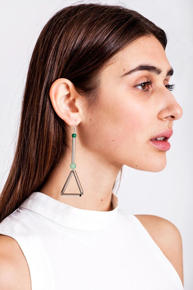 Silver - Libra earrings are made of hand-cut and galvanized brass, malachite, aventurine and sterling silver.