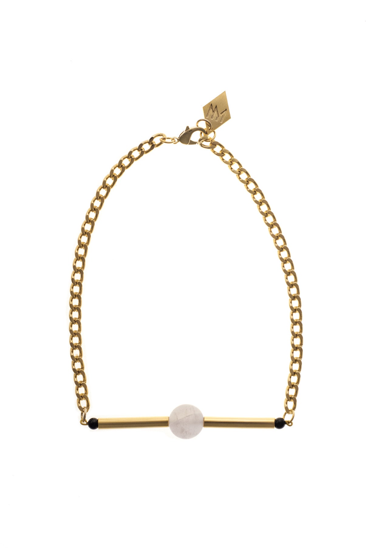 Line necklace made of hand-cut and galvanized brass, amethyst, onyx and galvanized metal components.