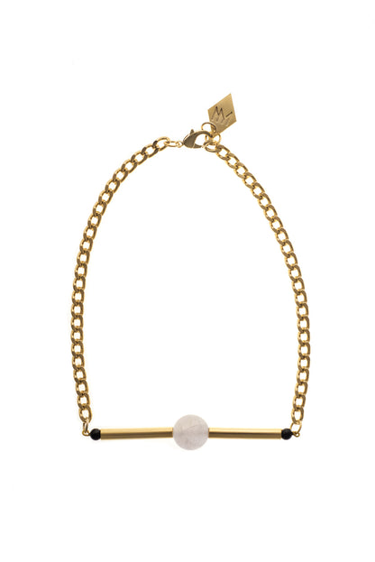 Line necklace made of hand-cut and galvanized brass, amethyst, onyx and galvanized metal components.