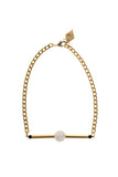 Line necklace made of hand-cut and galvanized brass, amethyst, onyx and galvanized metal components.