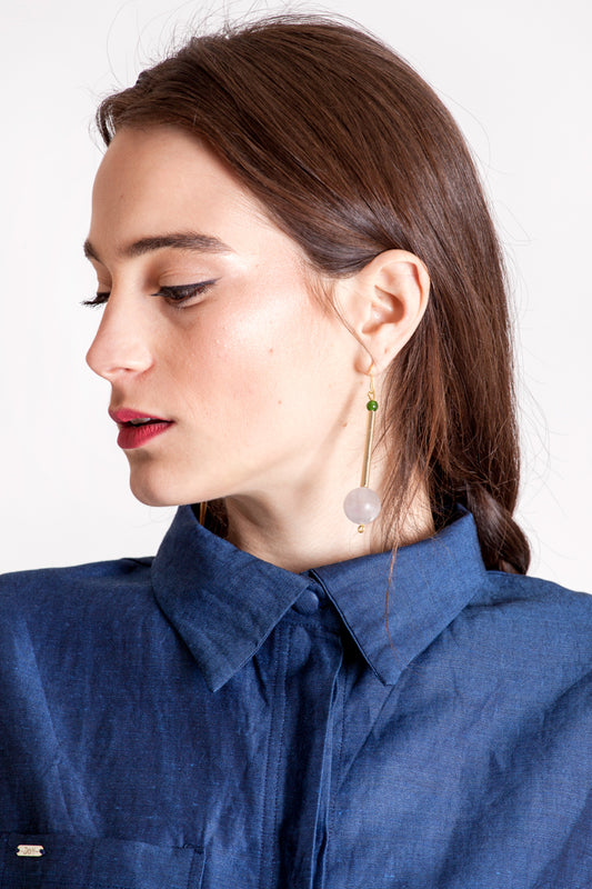 Bellevue earrings made of hand-cut, hand polished and galvanized brass, amethyst, jade and gold plated sterling silver.