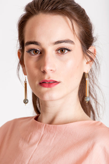 Bellevue earrings made of hand-cut, hand polished and galvanized brass, labradorite, rose quartz and gold plated sterling silver.