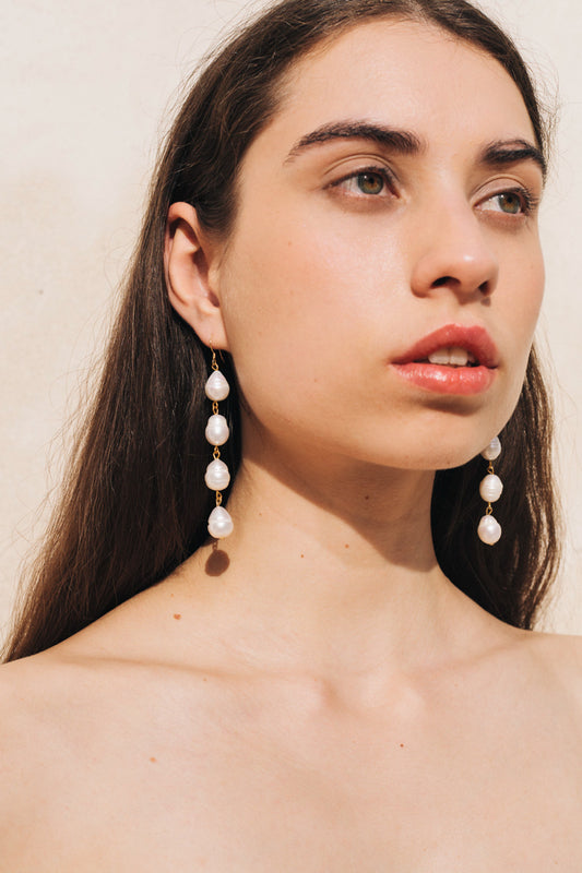 Pearl Drop Earrings in Gold by sustainable designer brand Little Wonder