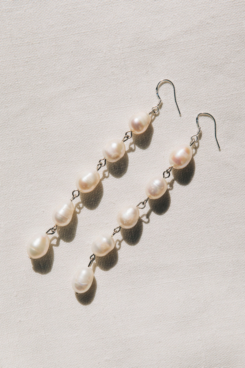 Pearl Drop Earrings Long in Silver by sustainable designer brand Little Wonder