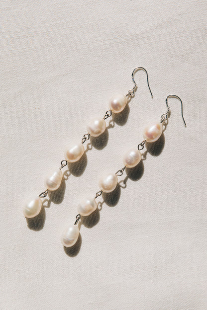 Pearl Drop Earrings Long in Silver by sustainable designer brand Little Wonder