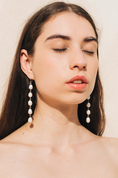 Pearl Drop Earrings Long in Silver by sustainable designer brand Little Wonder