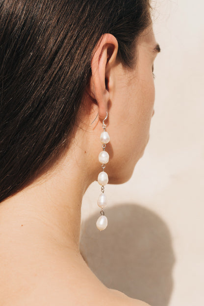 Pearl Drop Earrings Long in Silver by sustainable designer brand Little Wonder