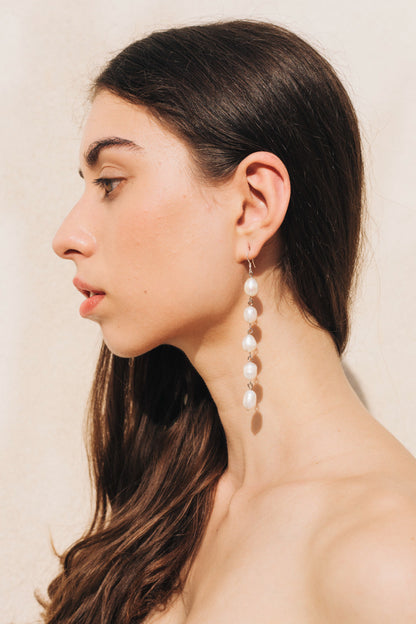 Pearl Drop Earrings Long in Silver by sustainable designer brand Little Wonder