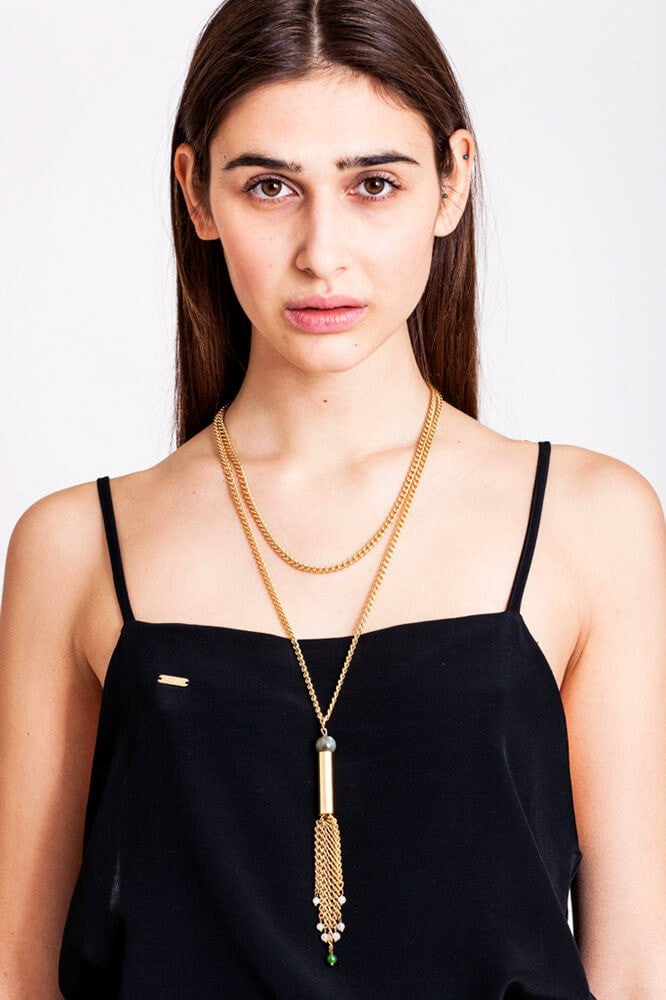 No. 1 Gold edition: Waterfall of golden chain, rosequartz, jade with labradorite and hand-cut and galvanized brass.