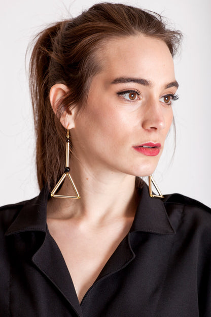 Gold - Libra earrings are made of hand-cut and galvanized brass, onyx and gold plated silver.