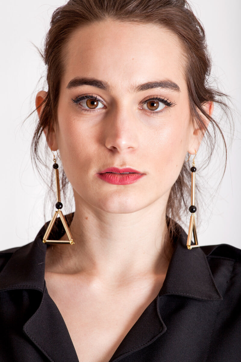 Gold - Libra earrings are made of hand-cut and galvanized brass, onyx and gold plated silver.