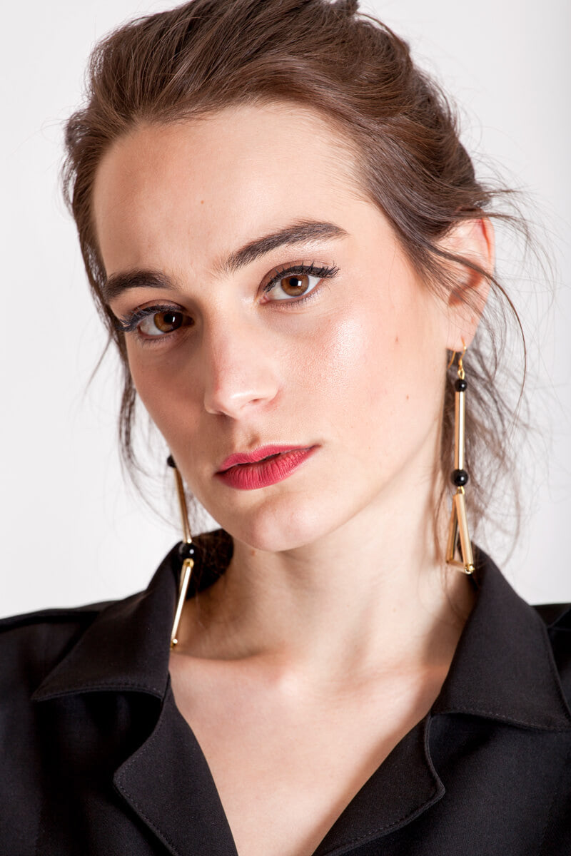 Gold - Libra earrings are made of hand-cut and galvanized brass, onyx and gold plated silver.