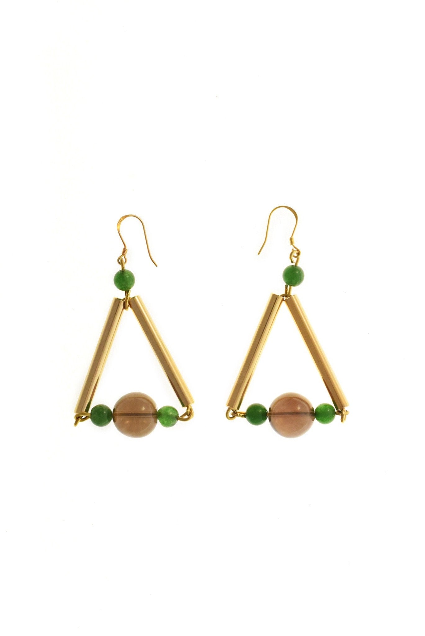 Triangle earrings made of hand-cut, hand polished and galvanized brass, smokey quartz, jade and gold plated sterling silver.