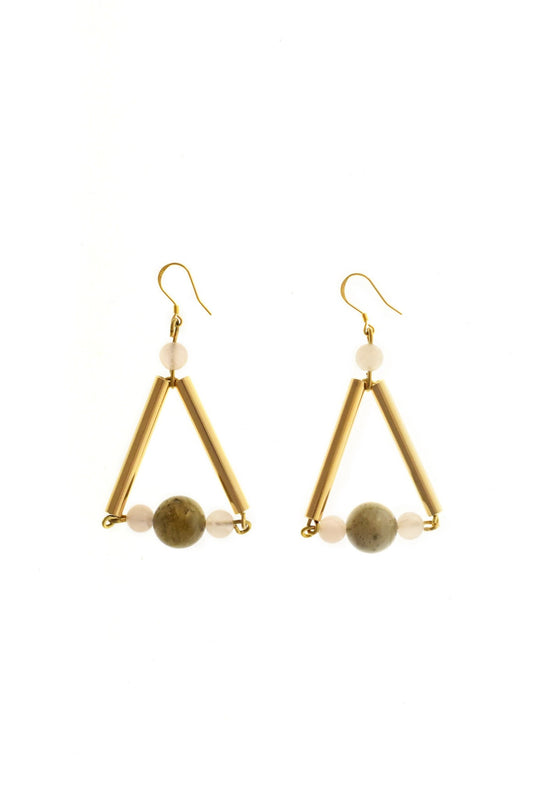 Triangle earrings made of hand-cut, hand polished and galvanized brass, labradorite, rose-quartz and gold plated sterling silver.
