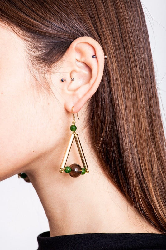 Triangle earrings made of hand-cut, hand polished and galvanized brass, smokey quartz, jade and gold plated sterling silver.