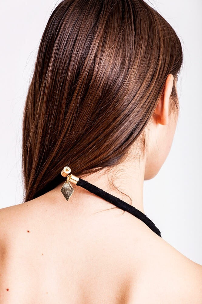 Triangle necklace made of the finest leather, hand-cut, hand polished and galvanized brass. Gold edition.