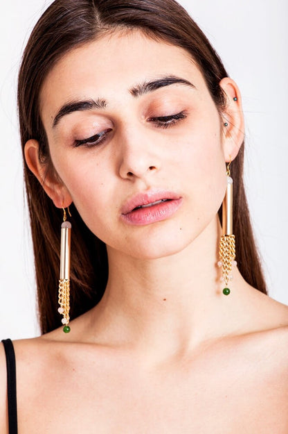 Waterfall earrings gold edition made of hand-cut, hand polished and galvanized brass, rose-quartz, jade and gold plated sterling silver.