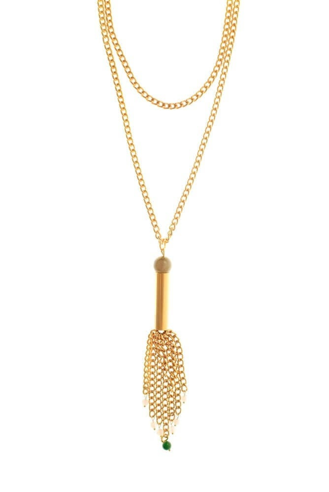 No. 1 Gold edition: Waterfall of golden chain, rosequartz, jade with labradorite and hand-cut and galvanized brass.