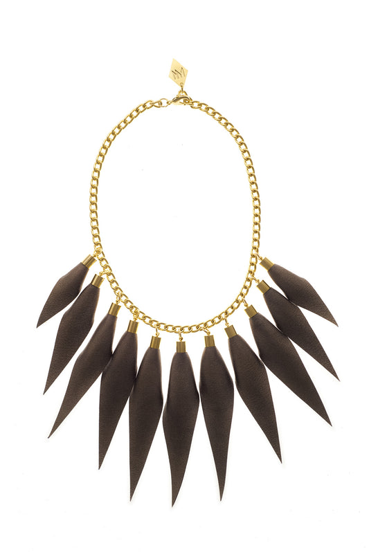 Wild child necklace in copper brown / gold features leather spikes with galvanized brass and metal components.