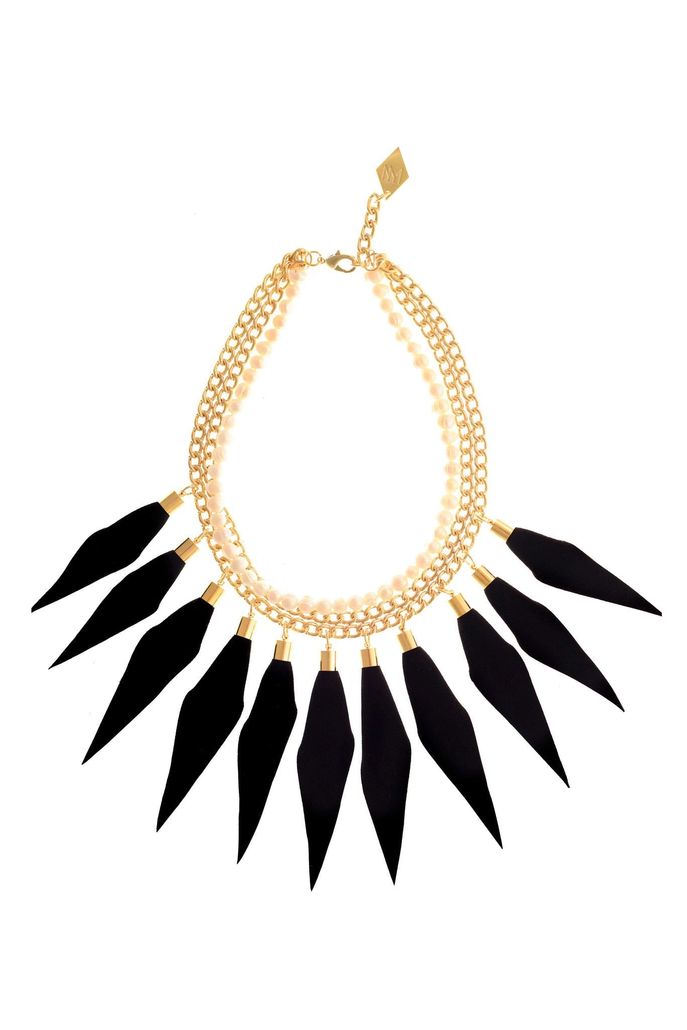 No. 1 Gold: made of black suede, freshwater pearls, galvanized brass and metal elements.